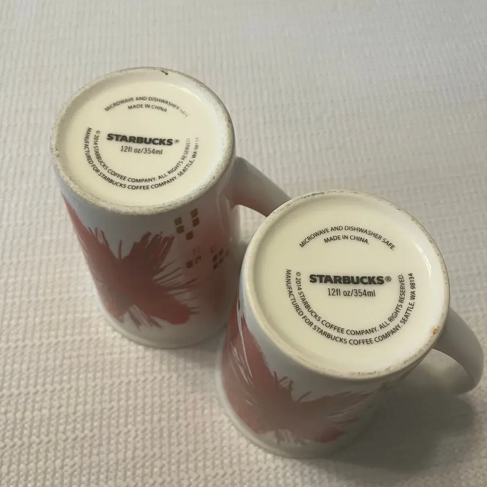 Lot of 2 Starbucks coffee company abstract red floral print mugs year 2014 12 oz
